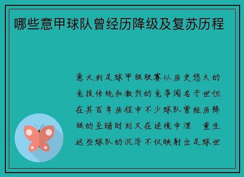哪些意甲球队曾经历降级及复苏历程