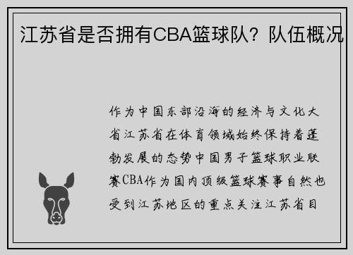 江苏省是否拥有CBA篮球队？队伍概况
